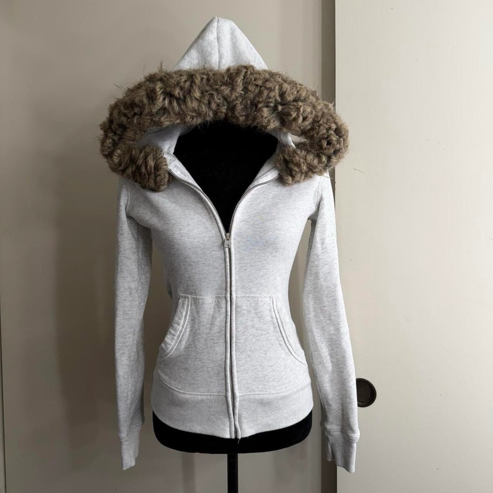 Hollister Light Gray Zip Hoodie with Faux Fur Trim Hood